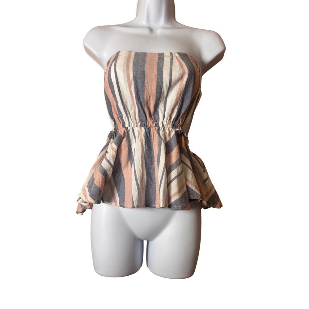 ASOS Womens Strapless Peplum Top‎ 4 Blue Pink Striped Tie Back Coastal Boho